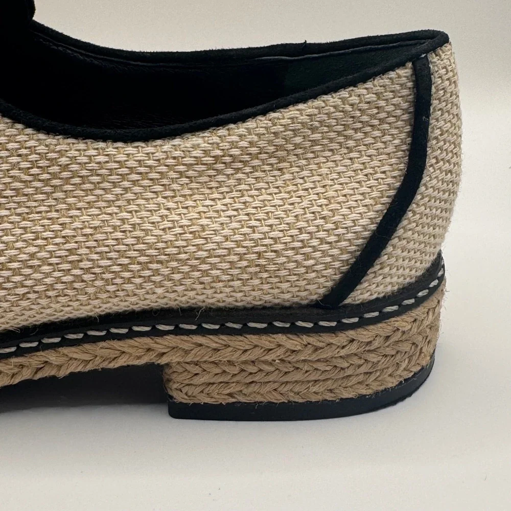 Tory Burch Beige Woven Espadrille Oxford Lace Up Flats Black Trim Women's 7.5M
